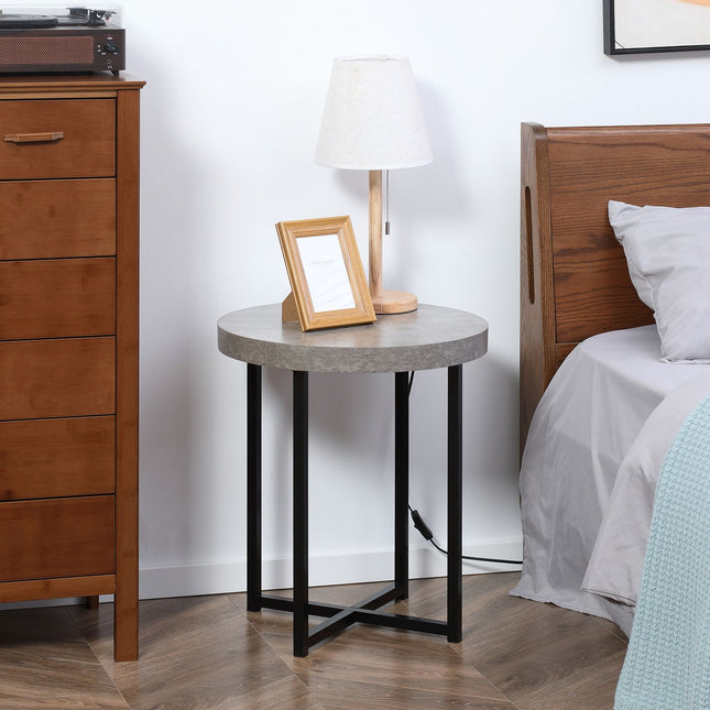 Round side table in concrete look with open shelf, gray MDF