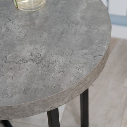 Round side table in concrete look with open shelf, gray MDF