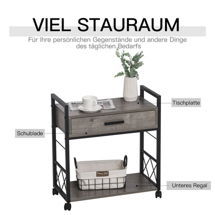 Kitchen serving trolley with wheels, box & shelf, grey