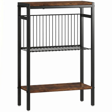 Side Table With 3 Shelves, Metal Frame, Rustic Brown