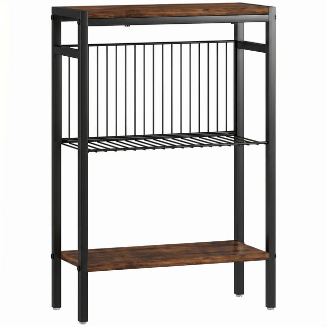 Side Table With 3 Shelves, Metal Frame, Rustic Brown