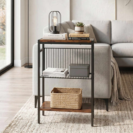 Side Table With 3 Shelves, Metal Frame, Rustic Brown