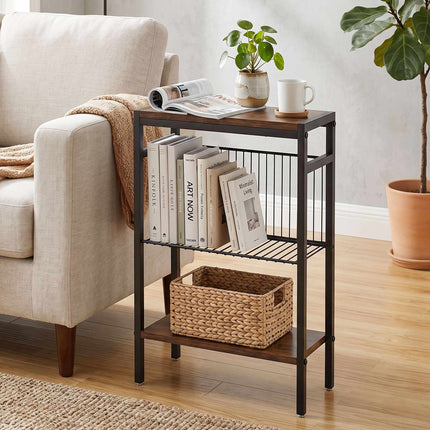 Side Table With 3 Shelves, Metal Frame, Rustic Brown