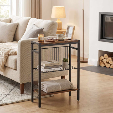 Side Table With 3 Shelves, Metal Frame, Rustic Brown