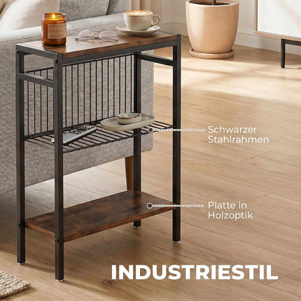 Side Table With 3 Shelves, Metal Frame, Rustic Brown
