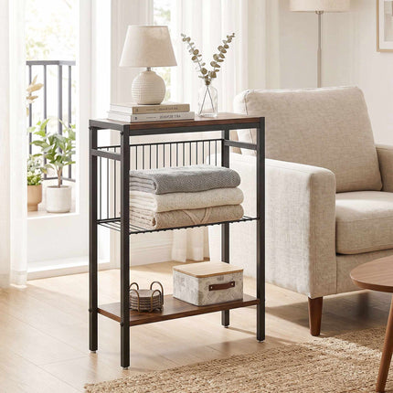 Side Table With 3 Shelves, Metal Frame, Rustic Brown