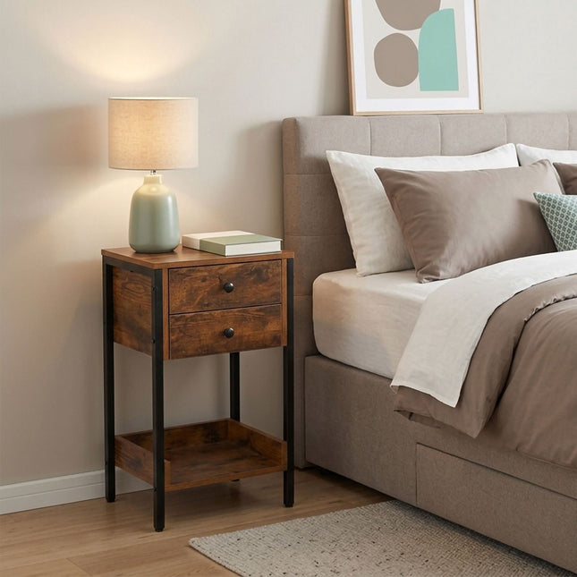 Side Table With Drawer And Shelf – Industrial Wood Effect