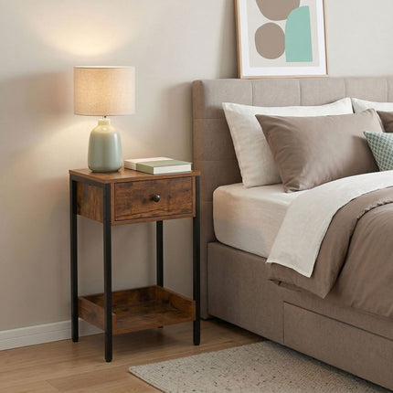 Side Table With Drawer And Shelf – Industrial Wood Effect