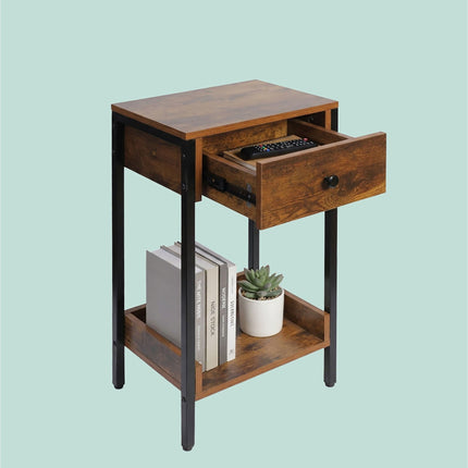 Side Table With Drawer And Shelf – Industrial Wood Effect