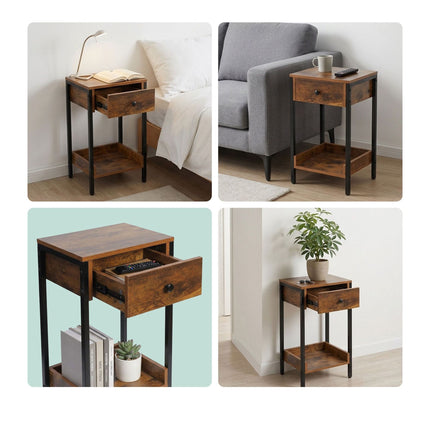 Side Table With Drawer And Shelf – Industrial Wood Effect
