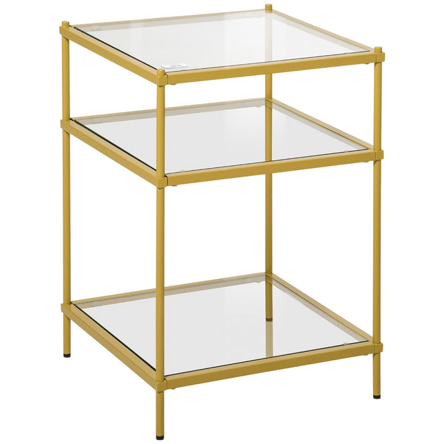 Glass side table with 3 shelves, Steel frame, Gold