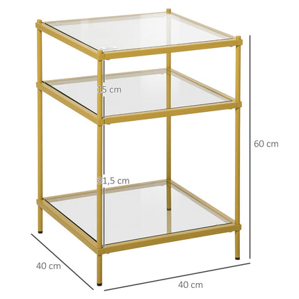 Glass side table with 3 shelves, Steel frame, Gold