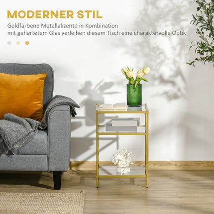 Glass side table with 3 shelves, Steel frame, Gold