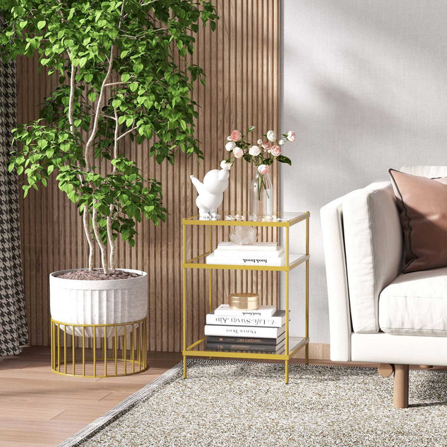 Glass side table with 3 shelves, Steel frame, Gold