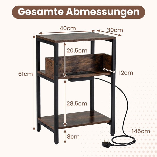 Side Table with Charging Station, 3-Tier, Rustic Brown