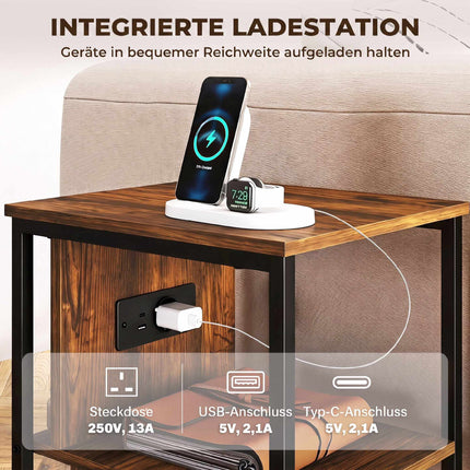 Side Table with Charging Station, Rustic Brown Finish
