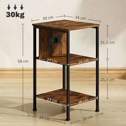 Side Table with Charging Station, Rustic Brown Finish