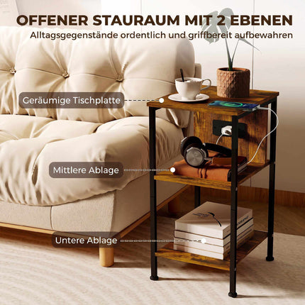 Side Table with Charging Station, Rustic Brown Finish