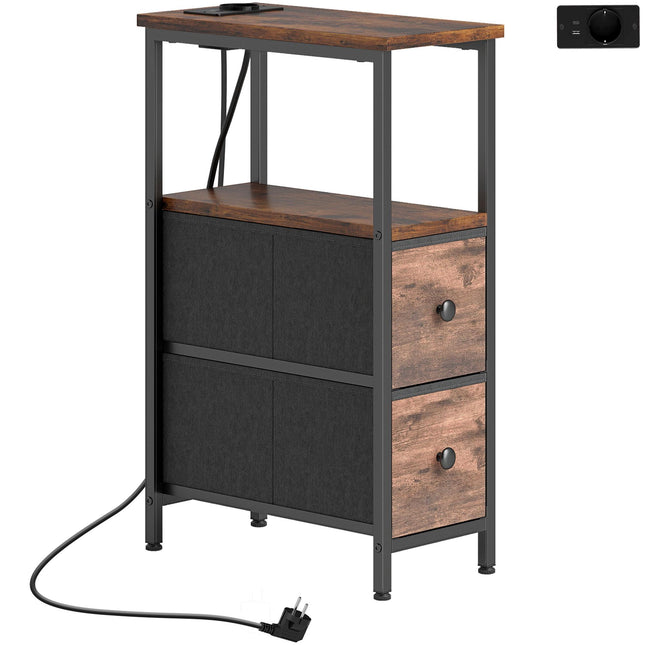 Side Table with Charging Station, Steel Frame, 2 Fabric Drawers