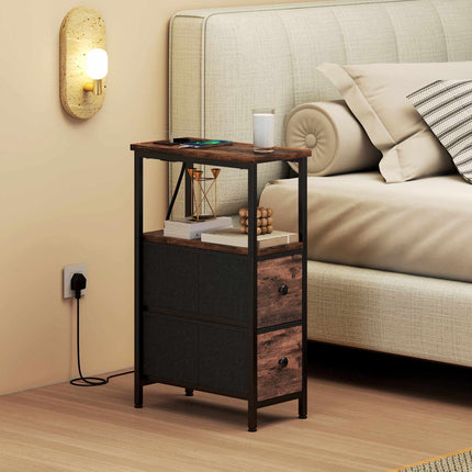 Side Table with Charging Station, Steel Frame, 2 Fabric Drawers