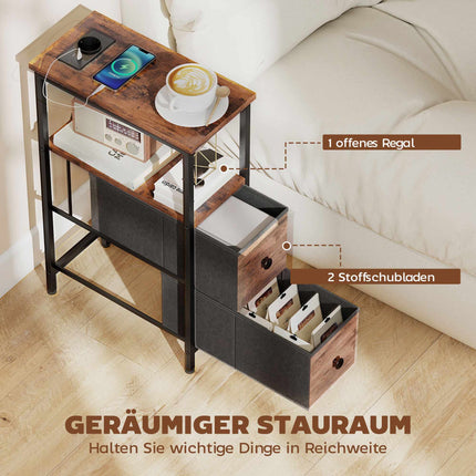Side Table with Charging Station, Steel Frame, 2 Fabric Drawers