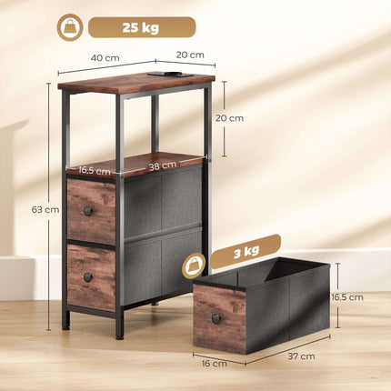 Side Table with Charging Station, Steel Frame, 2 Fabric Drawers