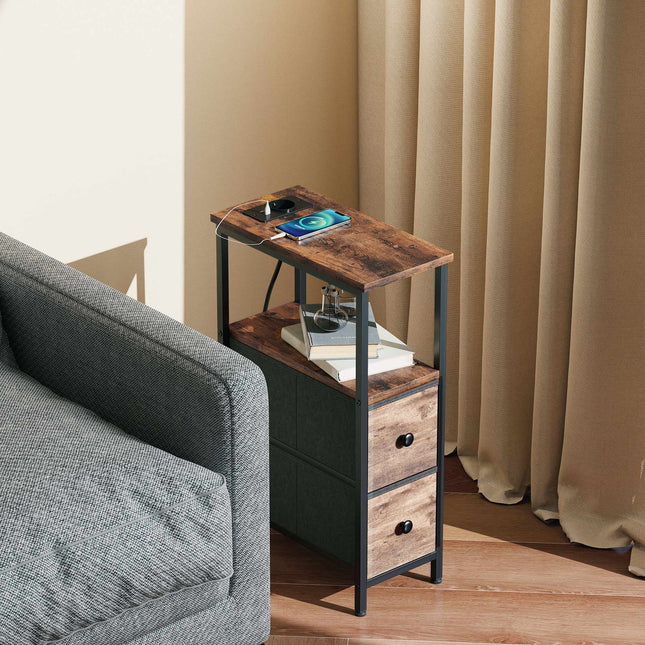 Side Table with Charging Station, Steel Frame, 2 Fabric Drawers
