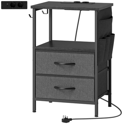 Side Table with Charging Station, Steel Frame, Black, 40x30x60 cm