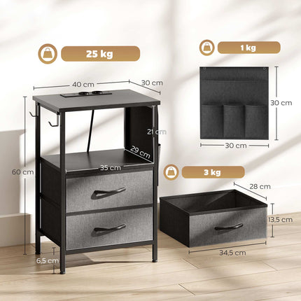 Side Table with Charging Station, Steel Frame, Black, 40x30x60 cm