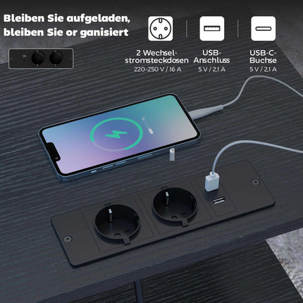 Side Table with Charging Station, Steel Frame, Black, 40x30x60 cm