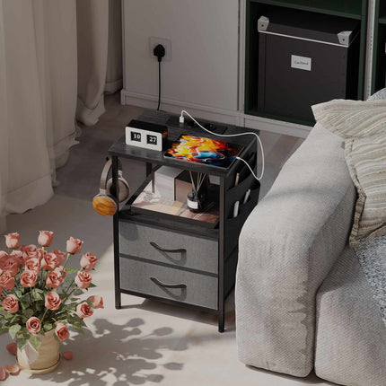Side Table with Charging Station, Steel Frame, Black, 40x30x60 cm