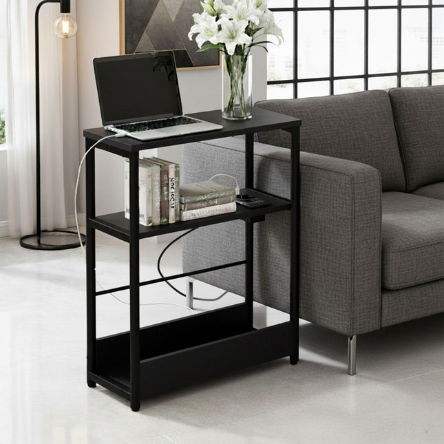 Side Table with Charging Station, USB Ports, Wood Finish