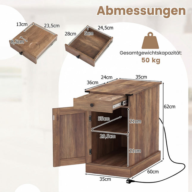 Side Table with Charging Station and Adjustable Shelf