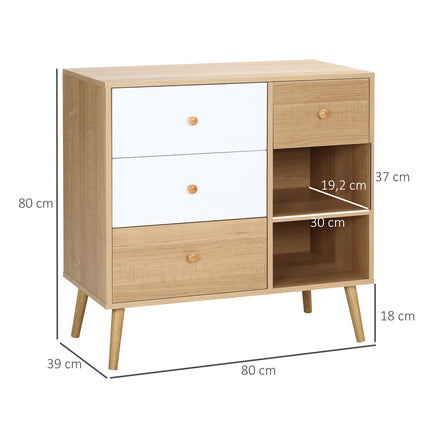Scandinavian sideboard with 4 drawers, 2 shelves, natural wood