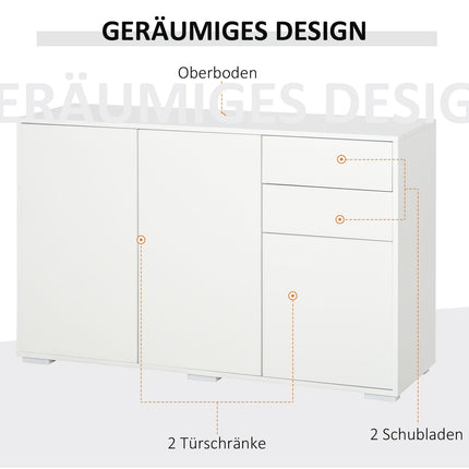 White sideboard chest of drawers with 2 drawers & 3 doors