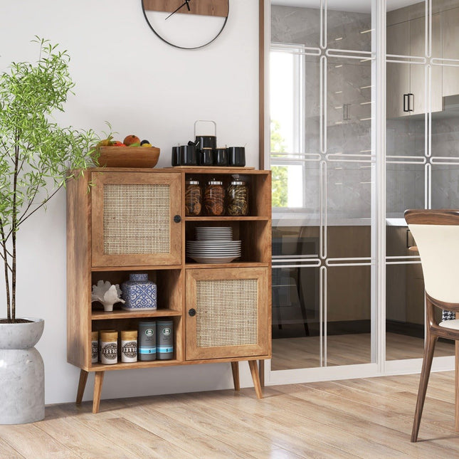 Sideboard cabinet made of wood, chest of drawers with 4 compartments and 2 doors, rattan sideboard cabinet