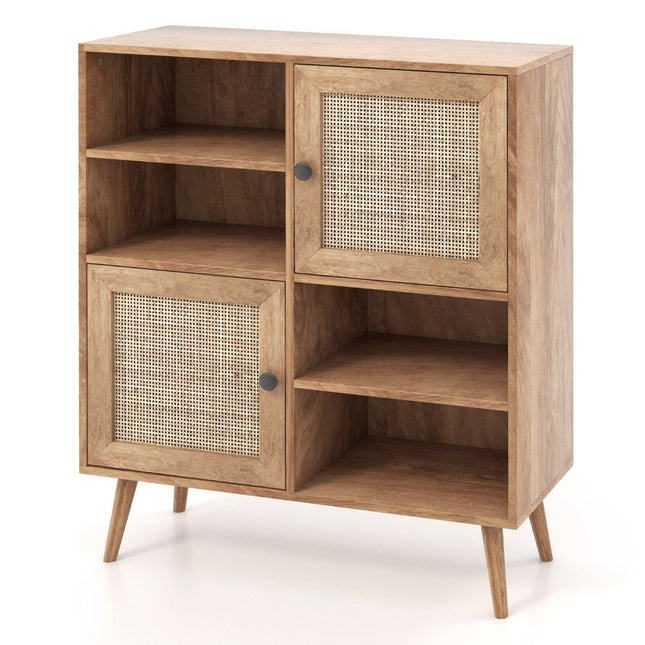 Sideboard cabinet made of wood, chest of drawers with 4 compartments and 2 doors, rattan sideboard cabinet