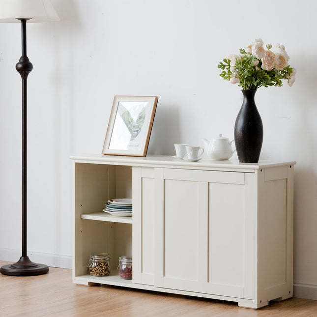 Sideboard kitchen cabinet side cabinet with sliding doors white/brown 106.5 x 33 x 60 cm-Beige