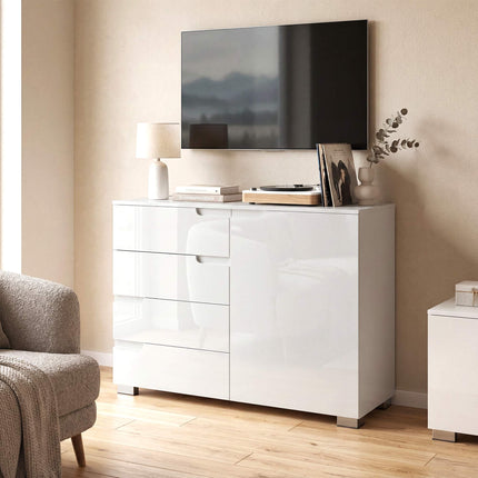 Sideboard with 4 Drawers, 1 Door, Adjustable Shelf, White