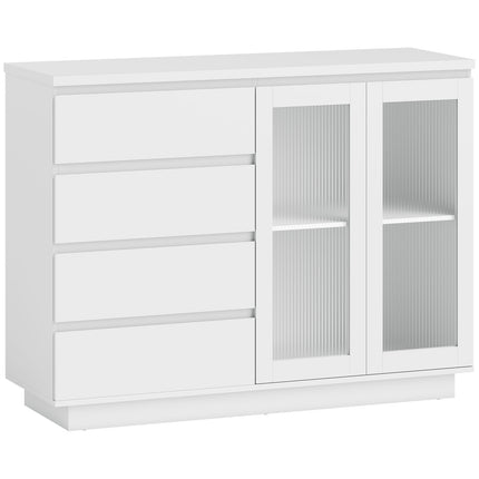 Sideboard with 4 Drawers, 2 Glass Doors, MDF, White