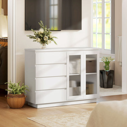 Sideboard with 4 Drawers, 2 Glass Doors, MDF, White