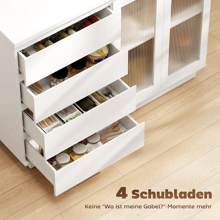Sideboard with 4 Drawers, 2 Glass Doors, MDF, White
