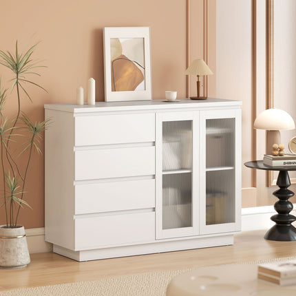 Sideboard with 4 Drawers, 2 Glass Doors, MDF, White