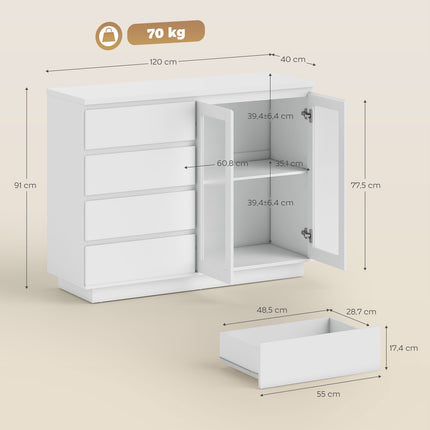 Sideboard with 4 Drawers, 2 Glass Doors, MDF, White