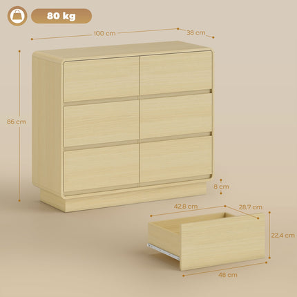 Sideboard with 6 Drawers, 100 cm, Natural Wood Finish