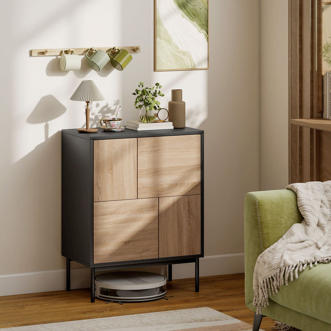 Sideboard with Push-to-Open Doors, Black/Natural Wood