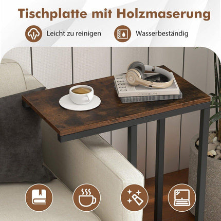 Side table C-shape sofa table with metal frame coffee table for living room rustic brown