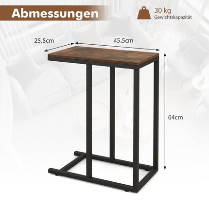 Side table C-shape sofa table with metal frame coffee table for living room rustic brown
