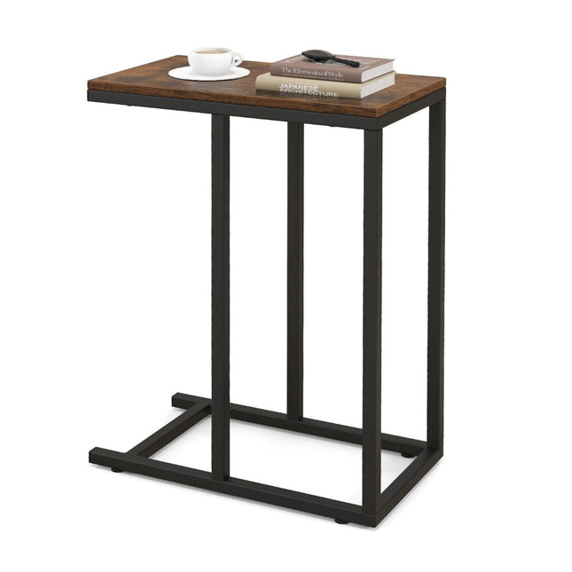 Side table C-shape sofa table with metal frame coffee table for living room rustic brown