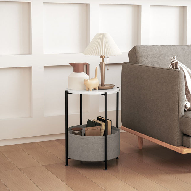 Round coffee table with storage and fabric basket, 44x44x56 cm